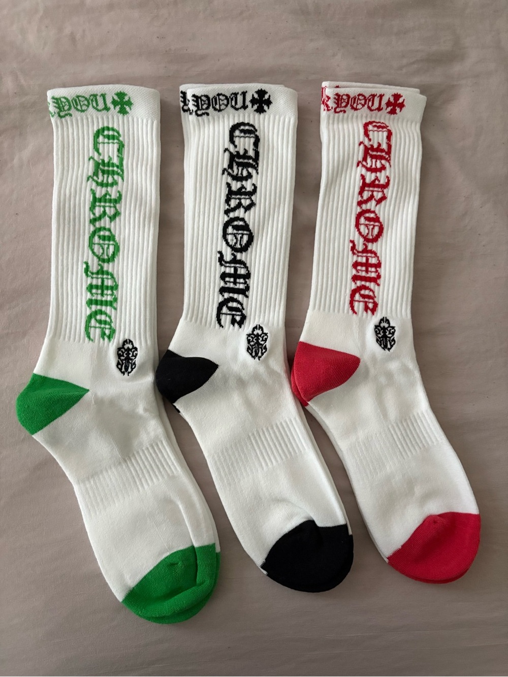 Chrome Hearts White Crew Socks with Green, Black, and Red Accents